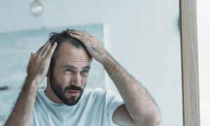 male hair loss looking in mirror